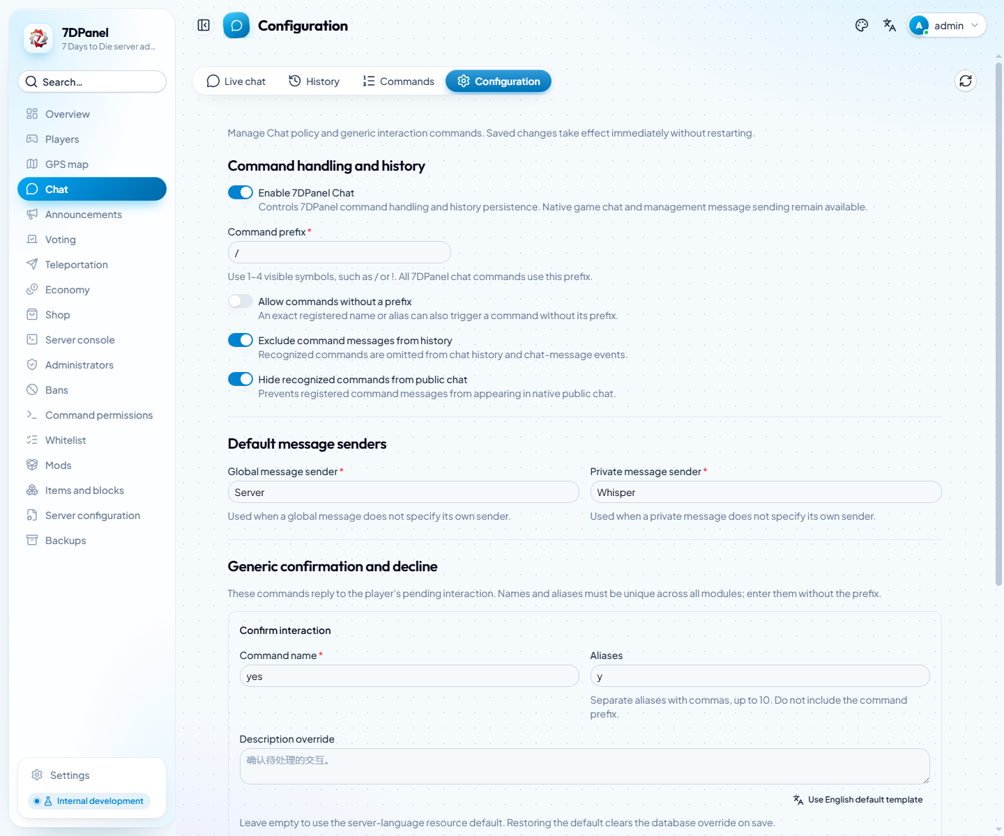 English Chat configuration page