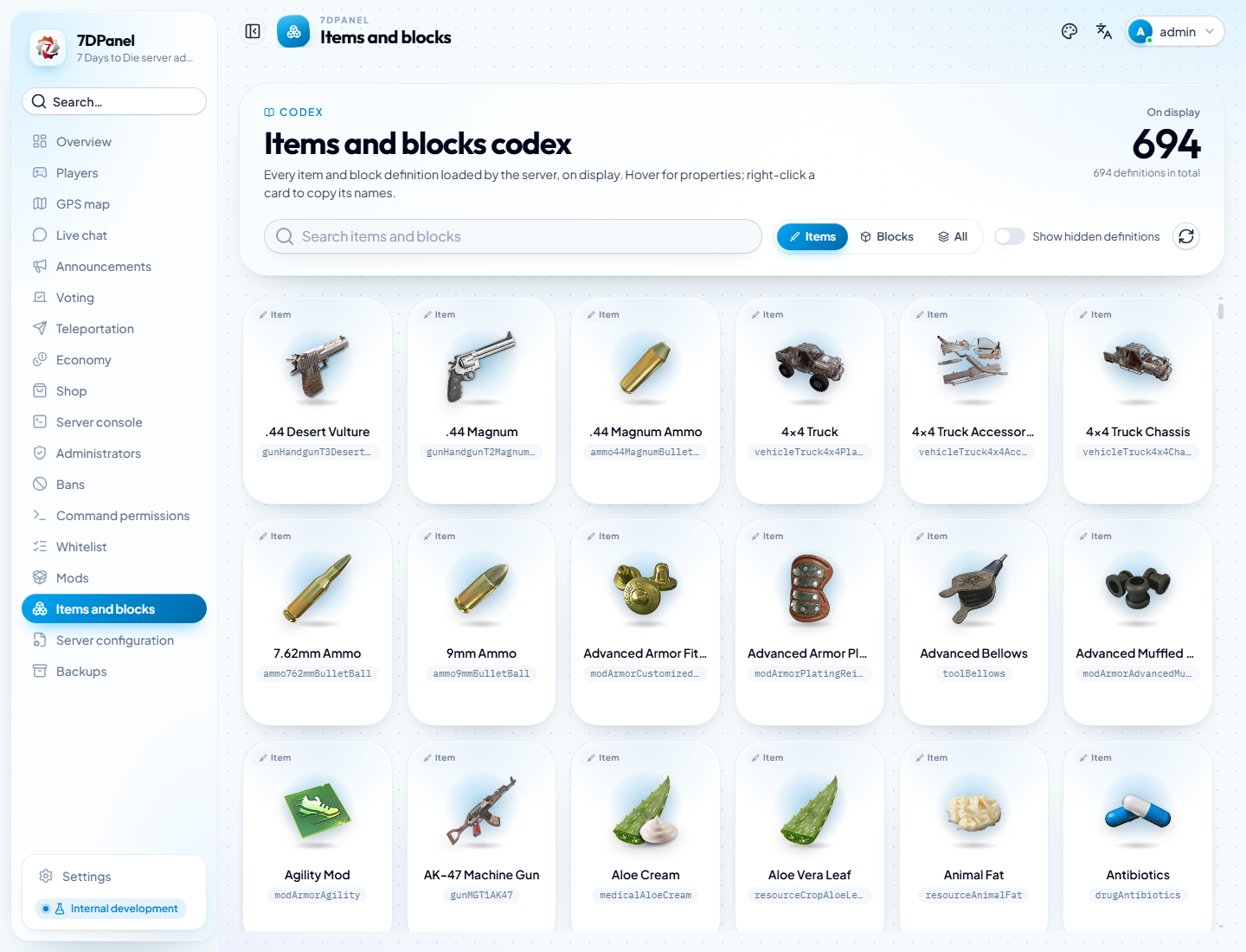 English item and block catalog