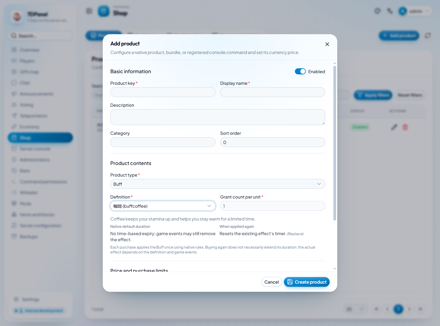 English Buff product editor with native effect details